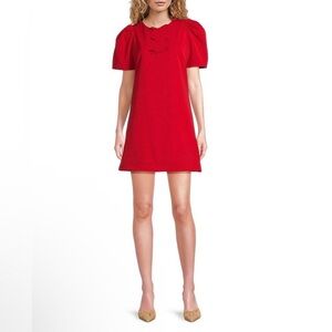 New Abbey Glass Marty Crew Neck Short Puff Sleeve Bow Mini Shift Dress Small